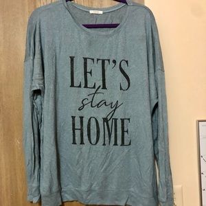 blue Maurice’s thin sweater “let’s stay home”